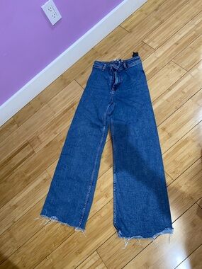 Zara Dark Blue Wide Leg Raw Hem Jeans